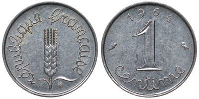 Франция 1 сантим 1964 пятая республика KM 928, Le Franc 106.8 нержавеющая сталь 4124-359