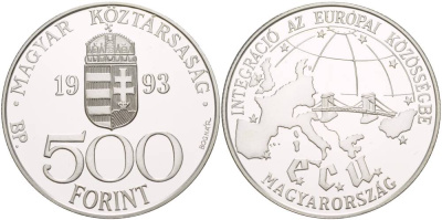 Венгрия 500 форинтов 1993 интеграция в ЕС, мост с Европой KM 704 серебро PROOF 1088-9-34