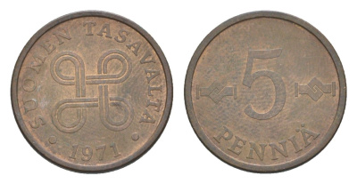 Финляндия 5 пенни 1971 KM 45 бронза 4643-351