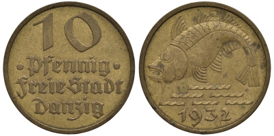 Данциг 10 пфеннигов 1932 рыба KM 142, J. D.13 алюминиевая бронза 186-932