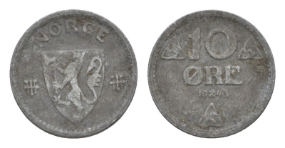 Норвегия 10 эре 1943 Хокон VII (1905-1957) KM 389 цинк 4632-1132