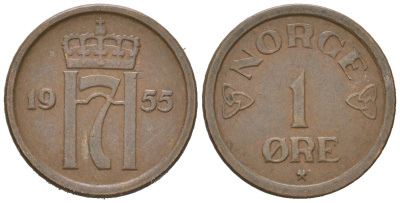 Норвегия 1 эре 1955 Хокон VII (1905-1957) KM 398 бронза 3309-1234