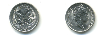 АВСТРАЛИЯ 5 ЦЕНТОВ 1990 ЕЛИЗАВЕТА II, ВТОРОЙ ПОРТРЕТ В КОРОНЕ, ЕХИДНА KM 80 медно-никель 56-336