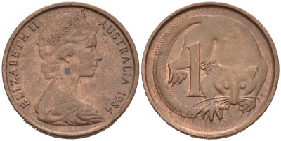 АВСТРАЛИЯ 1 ЦЕНТ 1984 ЕЛИЗАВЕТА II, МОЛОДОЙ ПОРТРЕТ, ОПОССУМ КМ 62 бронза 4564-1238