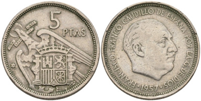 Испания 5 песет 1957(58) Франсиско Франко (1939-1975) KM 786 медно-никель 4571-1213