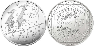 Франция 10 евро 2014 карикатуры Жан-Жака Сампе, осень-равенство, люди с зонтом на велосипеде, в оригинальном буклете KM NEW серебро UNC 1-4-3-09