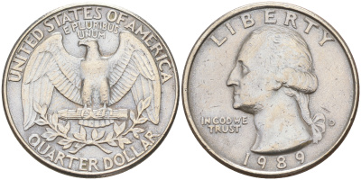 США 25 ЦЕНТОВ = КВОТЕР 1989 D, ВАШИНГТОН KM А164a медь плакированная медно-никелем 190-351