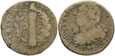 Франция  12 денье 1792 L, Людовик XVI (1774-1793) KM 600.9 (С88.8) бронза    118-412