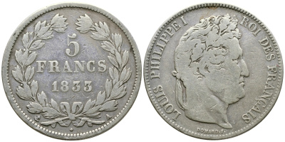 Франция 5 франков 1833 А, Луи Филипп I (1830-1848) KM 749.1 серебро 79-914