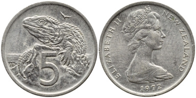 Новая Зеландия 5 центов 1972 Елизавета II (1952-2022), ящерица гаттерия KM 34.1 медно-никель 4392-145