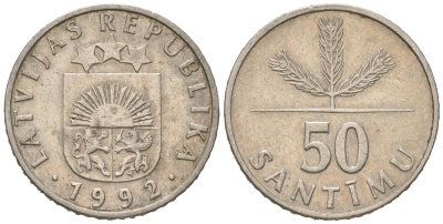 Латвия 50 сантимов 1992 KM 13 медно-никель 4617-1056