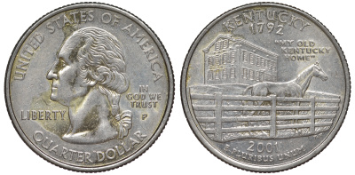 США 25 центов = квотер 2001 Р, серия штаты США, Кентукки KM 322 медь плакированная медно-никелем 4539-232