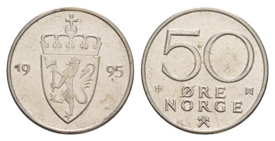Норвегия 50 эре 1995 Харальд V (1991-), редкий год KM 418 медно-никель UNC 4635-522