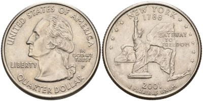 США 25 центов = квотер 2001 Р, серия штаты США, Нью-Йорк KM 318 медь плакированная медно-никелем UNC 92-716