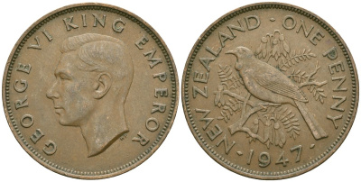 Новая Зеландия 1 пенни 1947 Птица Туи, Король Георг VI (1937 - 1952) KM 13 бронза 81-914