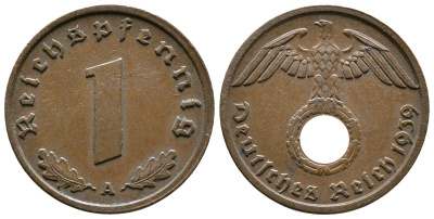 Германия 1 рейхспфенниг 1939 A KM 89, J. 361 бронза    220-333