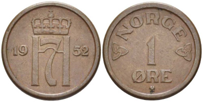 НОРВЕГИЯ 1 ЭРЕ 1952 ХОКОН VII (1905-1957) KM 398 бронза 116-1066