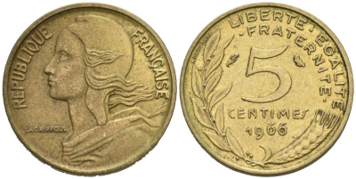 Франция 5 сантимов 1966 тип Morlon KM 933 медь алюминий никель 4567-948
