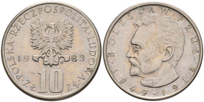 Польша 10 злотых 1983 MW, Болеслав Прус KM 73 медно-никель    4150-524