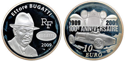 Франция 10 евро 2009 100 лет компании Бугатти, Этторе Бугатти, в оригинальной коробке, сертификат KM 1606 серебро PROOF 3-6-1-31