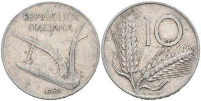 Италия 10 лир 1955 R, плуг, колосья KM 93 алюминий 4571-517
