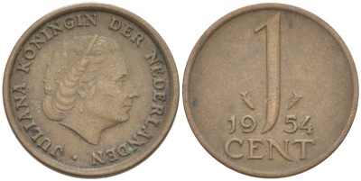 Нидерланды 1 цент 1954 Юлиана (1949-1980) KM 180 бронза 3955-225