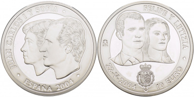 Испания 10 евро 2004 свадьба принца Фелипе и Летисии 24.05.2004 KM 1097 серебро  PROOF  11-163-34