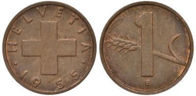 Швейцария 1 раппен 1955 KM 46 бронза 4164-115