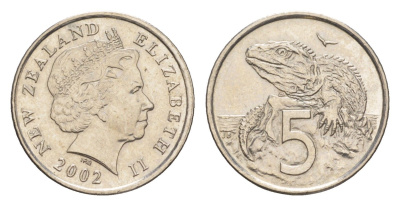 Новая Зеландия 5 центов 2002 Елизавета II (1952-2022), ящерица гаттерия KM 116 медно-никель UNC 4651-229