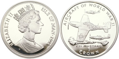 Остров Мэн 1 крона 1995 Авиация Второй Мировой войны - P-51 Mustang KM 503a серебро PROOF 1530-1331