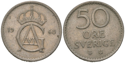 Швеция 50 эре 1968 U, Густав VI Адольф (1950-1973) KM 837 медно-никель 4621-335