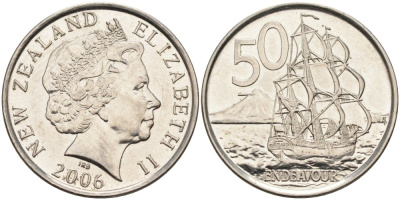 Новая Зеландия 50 центов 2006 Елизавета II (1952-2022), парусник Индевор KM 119а никелированная сталь 4579-1047