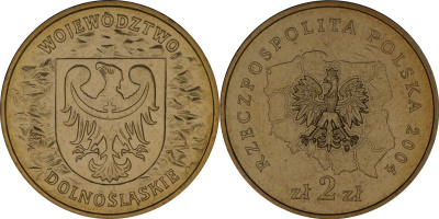 Польша 2 злотых 2004 MW, серия польские воеводства, Дольнославское воеводство KM 484 нордик  UNC  4635-815