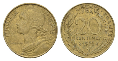 Франция 20 сантимов 1976 KM 930 алюминиевая бронза 4673-1117