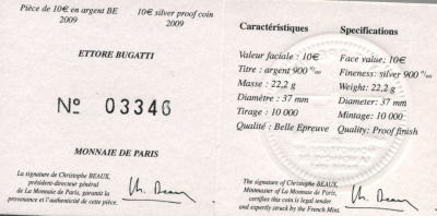 Франция 10 евро 2009 100 лет компании Бугатти, Этторе Бугатти, в оригинальной коробке, сертификат KM 1606 серебро PROOF 3-6-1-32