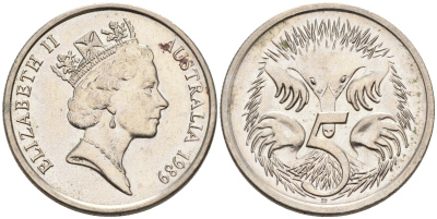 АВСТРАЛИЯ 5 ЦЕНТОВ 1989 ЕЛИЗАВЕТА II, ВТОРОЙ ПОРТРЕТ В КОРОНЕ, ЕХИДНА KM 80 медно-никель 4564-231