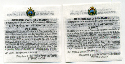Сан-Марино набор 5 евро + 10 евро 2007 поэт Джозуэ Кардуччи и дирижер Артуро Тосканини, в оригинальной коробке, с сертификатом KM 474, 475 серебро PROOF 1-4-4-02