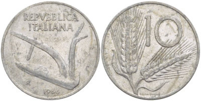 ИТАЛИЯ 10 ЛИР 1966 R, КОЛОСЬЯ, ПЛУГ KM 93 алюминий 4551-157