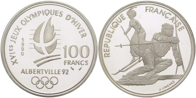 Франция 100 франков 1990 XVI Зимние Олимпийские игры 1992 в Альбервиле, слалом KM 984 серебро PROOF 1074-9-14