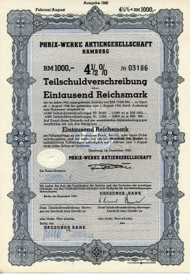 Германия 1000 рейхсмарок 1942 АО Phrix-Werke, Гамбург, 4 1/2% облигация   бумага 8804-107-1