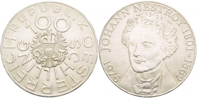 Австрия 100 шиллингов 1976 175 лет со дня рождения Иоганна Нестрои? KM 3932 серебро 443-341
