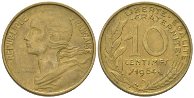 Франция 10 сантимов 1964 тип Marianne KM 929 медь алюминий никель 3458-1112
