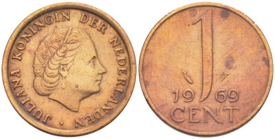 НИДЕРЛАНДЫ 1 ЦЕНТ 1969 ЮЛИАНА (1948-1980) KM 180 бронза 3309-338