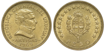 Уругвай 1 песо 1965 KM 46 алюминиевая бронза 24-1224