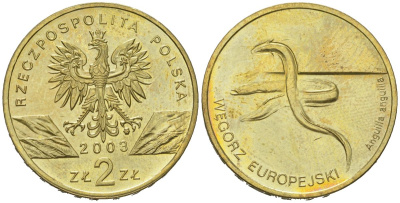 Польша 2 злотых 2003 MW, серия сохраним наш мир, европейский угорь KM 445 нордик UNC 4574-843