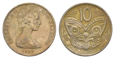 Новая Зеландия 10 центов 1977 Елизавета II (1952-2022), маска маори KM 41 медно-никель 4652-641