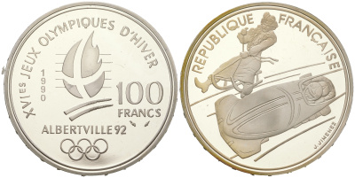 Франция 100 франков 1990 XVI Зимние Олимпийские игры 1992 в Альбервиле, слалом KM 984 серебро  PROOF  11-082-45