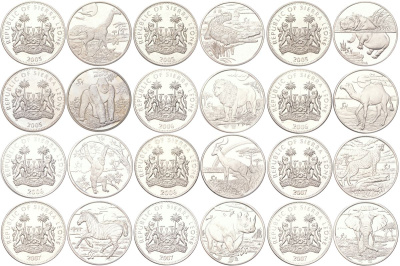 Сьерра-Леоне полный набор из 12 монет (1 доллар) 2005-2007 полная серия животные KM 304, 305, 306, 311, 312, 313, 314, 321, 326, 327, 328 и 329 медно-никель BU 00-00