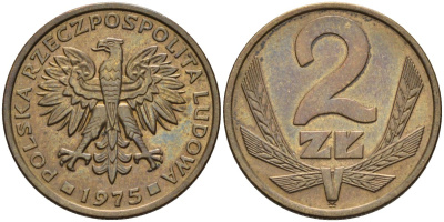 Польша 2 злотых 1975 монетный двор Ленинград (ЛМД) KM 80.1, Parchimowicz 217a латунь 4580-731