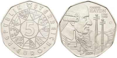 Австрия 5 евро 2009 200 лет  Йозефа Гайдна KM 3170 серебро UNC 1521-1114